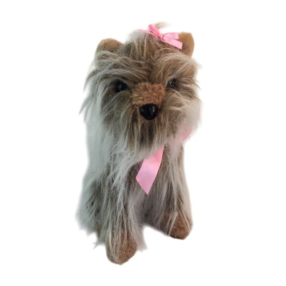Realistic Yorkie Yorkshire Terrier Puppy Dog Plush 12" Long Hair Pink Bows - Picture 2 of 8